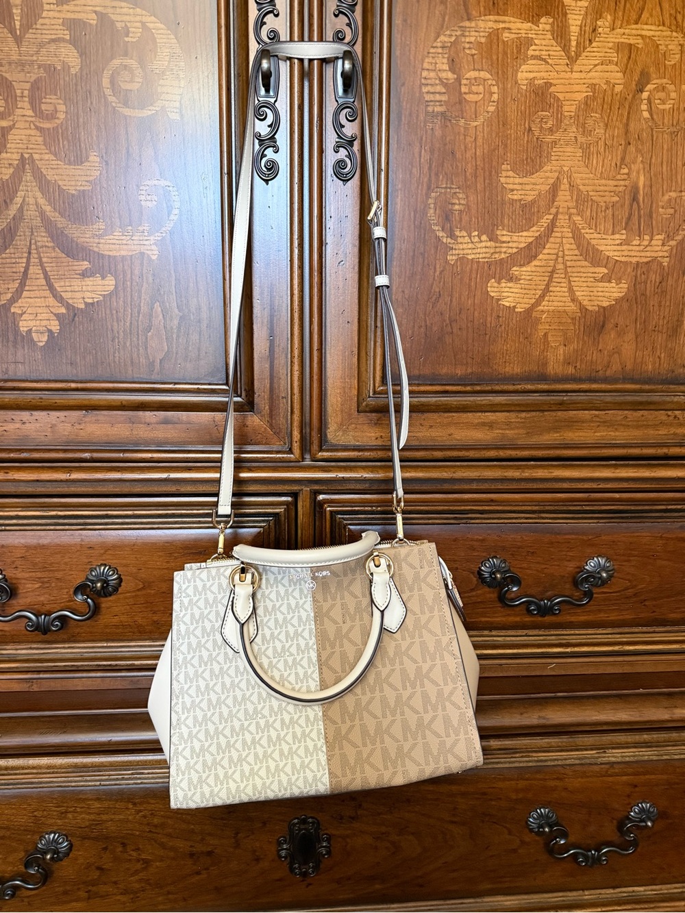 Michael Kors Two-Tone Beige/Tan Logo Satchel with Crossbody Strap